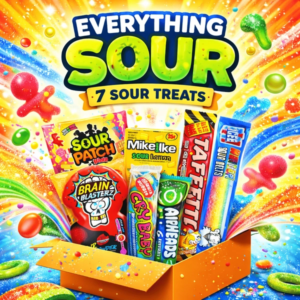 Sour Candy Variety Pack – 7 Assorted Sour Gummies, Belts & Chewy Candies – Lemon, Watermelon & Rainbow Sour Treats – Fun Candy Bundle - 290g
