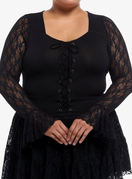 Cosmic Aura Black Lace-Up Girls Crop Ruffle Long-Sleeve Top Plus Size