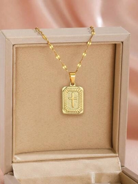 1pc Fashionable And Popular Cross Detail Square Pendant Stainless Steel Necklace For Boys Girls Street Party Sports Jewelry Accessory For Daily Wear