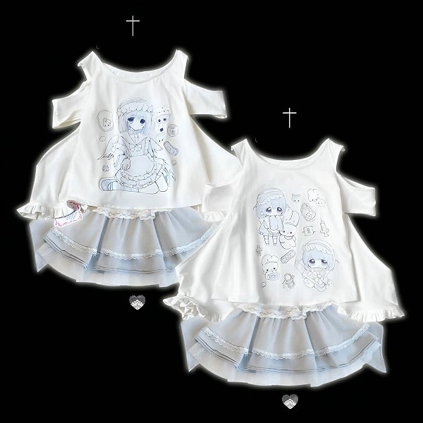 [£14.66]Yami Kawaii Cartoon Print Cutout Shoulder White Jirai Kei T-shirt