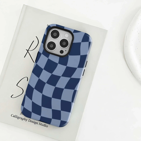 Wavy Blue Checkerboard Phone Case - Trippy Minimalist Cover Compatible with iPhone 17 16 15 14 13 12 Pro Max, Samsung S25 S24 S23 S22 Ultra