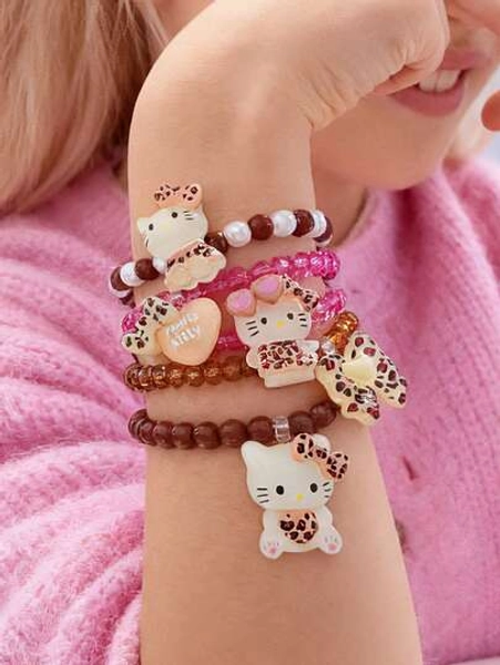 5pcs/Set Sanrio Hello Kitty Heart & Bow Beaded Bracelet, Jewelry Accessories, Suitable For Best Friends & Sisters - Size one-size