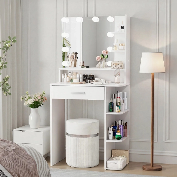 Manufactured Wood Makeup Vanity with LED Mirror and Storage Shelves 