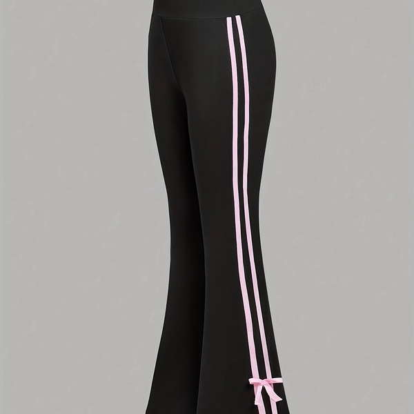 Girls' Black Flared High-Waisted Casual Side-Striped Bow Joggers for Spring/Autumn, Perfect for Outdoor