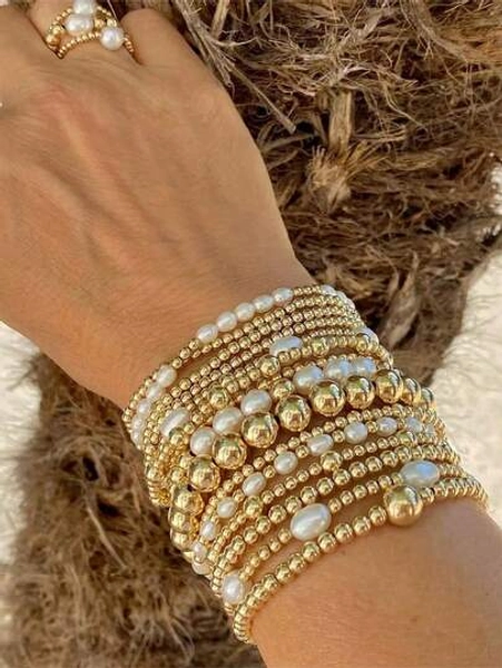 15pcs Bohemian Mixed Pearl & Elastic Beaded Bracelet Set, Suitable For Women's Daily Surprise Gift Jewelry, Women Accessories