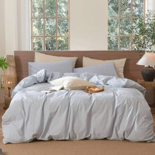 MooMee Striped Duvet Cover Set 100% Washed Cotton Linen Like Textured MOOMEE Color: Wide Stripes - Cornflower Blue/White Size: Full Duvet Cover + 2