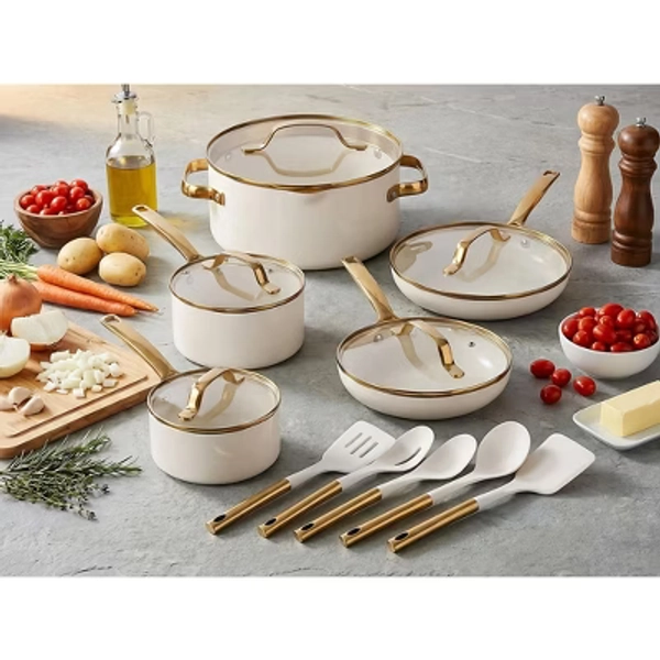 Gotham Steel Pots and Pans Set Modern 15 Pc Ceramic Nonstick Cookware Set Cream