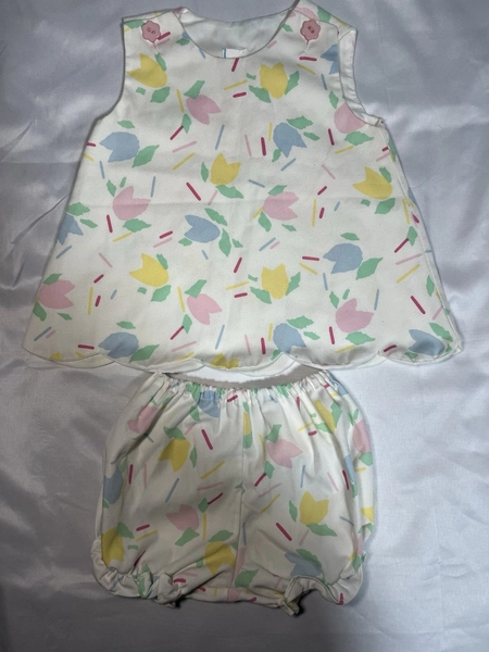 Vintage Baby Girls 2Pc Set 18M Pastel Floral Apron Top Bloomers Outfit