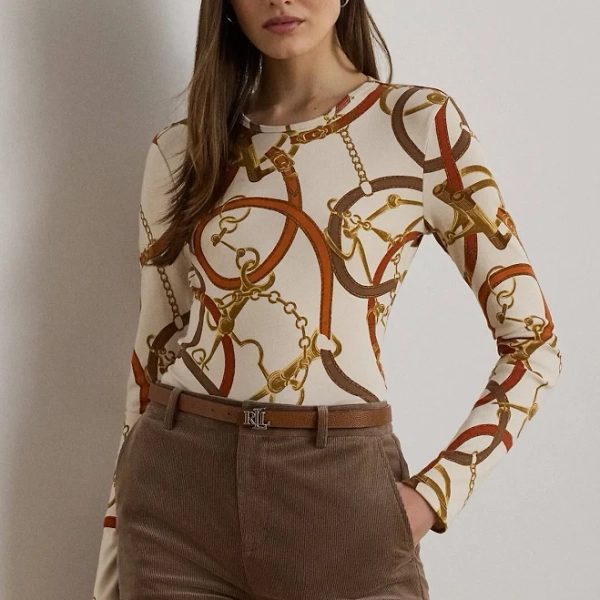 Ralph Lauren Women's Belting-Print Cotton Long-Sleeve Tee