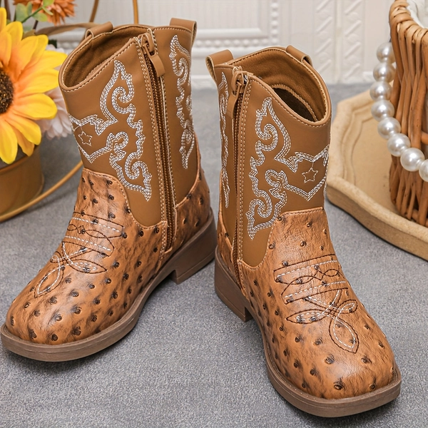 Cowboy Boots with Embossed Design & Golden Zipper Accents - Brown Square Toe Casual Shoes, TPR Sole & Fabric Lining for All-Season Wear, Stylish Streetwear, Embossed Texture