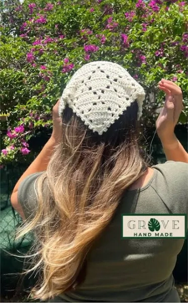 Cottagecore Handmade Boho Crochet Cotton Diamond Lace Bandana