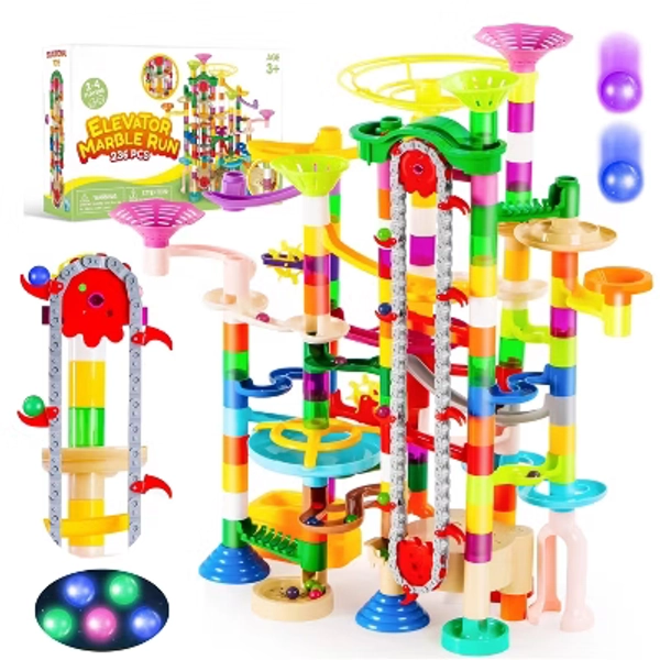 Joyf 236Pcs Toddler Kid Glowing Marble Run with Motorized Elevator 30 Glow in The Dark Plastic Marbles Christmas Gifts Toys for 3 4 5 6 Year Old Kids