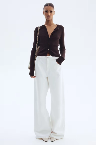 Rib-Knit Cardigan - Dark brown