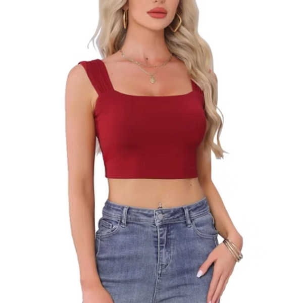 INSPIRE CHIC Women Sleeveless Square Neck Fitted Regular Fit Strappy Party Crop Tank Top Large Dark Red