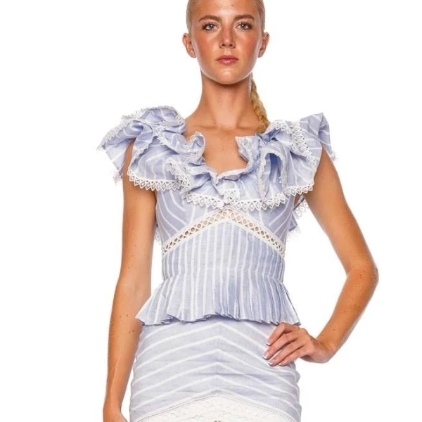 Patbo Marine Ruffled Linen Peplum Top