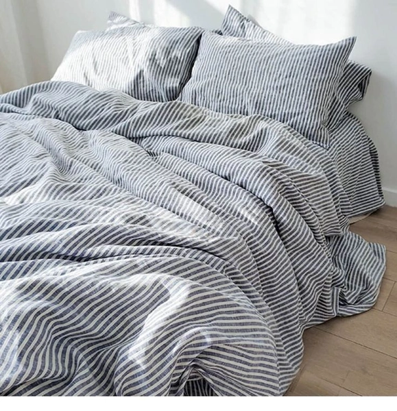 Blue Striped Linen Bedding Set - Set of 3