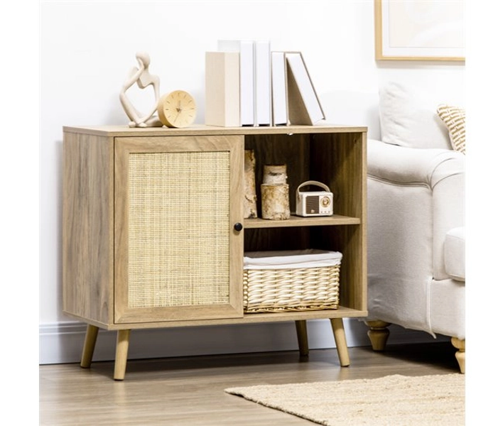 HOMCOM Aparador de Sala de Estar Buffet para Sala de Jantar Móvel Auxiliar de Cozinha com Porta de Vime e 2 Prateleiras de Armazenamento para Sala de Estar 80x39x70cm Madeira