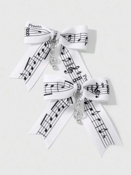 ROMWE Kawaii 2pcs Minimalist Versatile Vintage Chic High-Quality Black & White Musical Note & Bowknot Pendant DIY Hair Clip, Side Clip Combo Set, Suitable For Women, Girls, Daily Wear, Holiday Gift