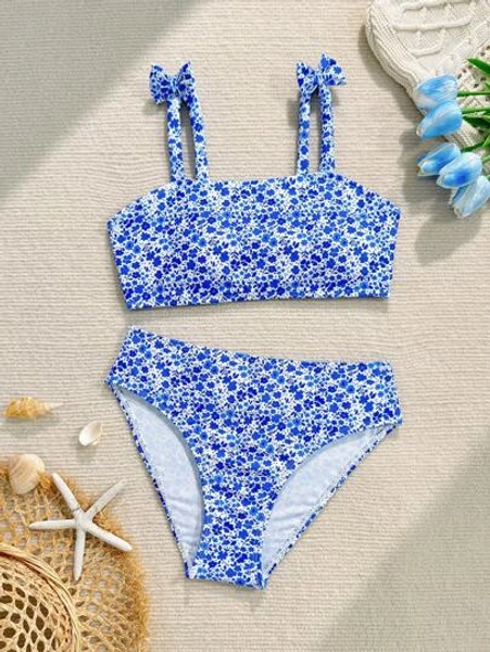 SHEIN Tween Girls Floral Print Bikini Set, Adorable Bow Splice Beach Swimsuit Suitable For Summer Beach Vacation