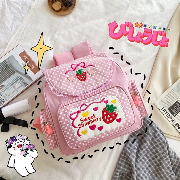 Pink Girl Embroidery Strawberry Children's Schoolbag Student Birthday Gift 2026 New Japanese Cartoon Pink Backpack Book Bags - AliExpress 1524