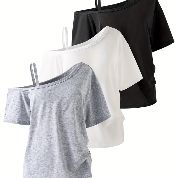 [3pcs Soft Girls' Summer Tops] 3pcs Girls' Soft and Versatile Summer Tops | Fashionable Solid Color Spaghetti Strap Off-Shoulder Short Sleeve Blouses for Big Kids - Youthful Casual Outfits for Outdoor Adventures