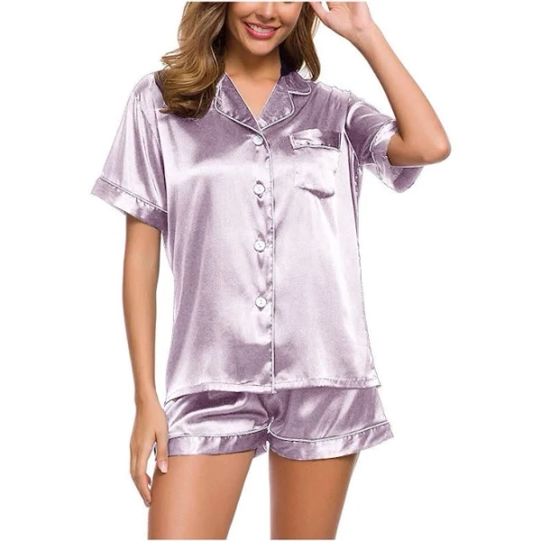 BLVB Satin Pajamas Set Women's Short Sleeve Tops Sleepwear Soft Silk Button Down Loungewear Comfy Pjs Shorts Set Homewear