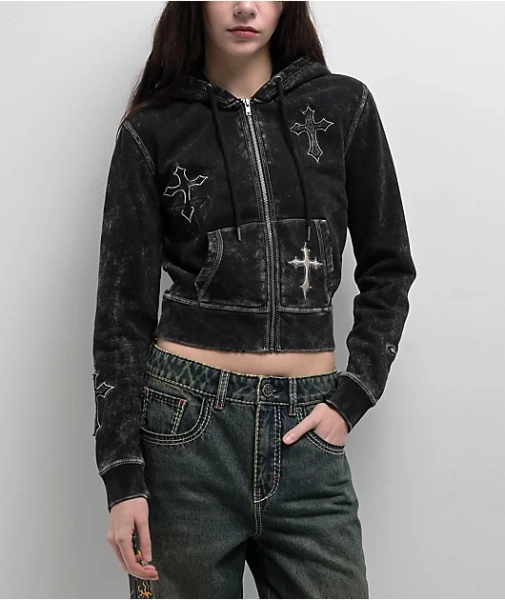 Ninth Hall Andover Cross Black Wash Zip Hoodie 