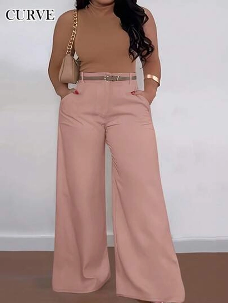 ANCHOSE Plus Size Women High Waist Pocket Design Flare Pants, Loose Fit, Casual, Light Pink, Early Autumn