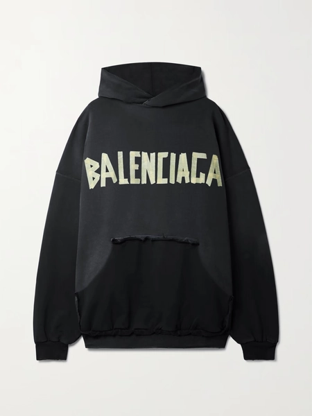 Oversized distressed printed cotton-jersey hoodie - black - 1
