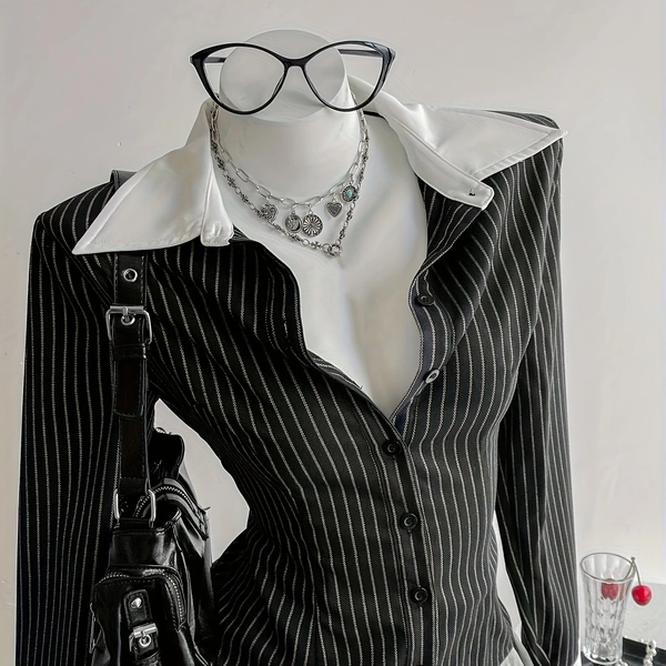 Elegant Black and White Striped Shirt | V-neck, Color Block Pattern, Button Details, All-Season