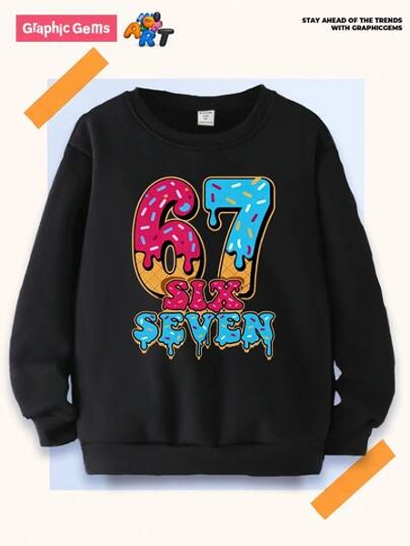 Cozy Fall & Winter Styles, Boys Casual Fashion Creative Personality Refreshing High-End Simple Numeric 67 Colorful Candy Dot Letter Candy Cookie Graphic Print Relaxed Basic Black Crew Neck Sweatshirt, Comfortable Outfit