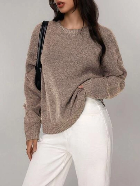 FOR BEAUTY Autumn And Winter New Solid Color Simple Round Neck Long Sleeved Daily Casual Lazy Style Knitted Sweater Knit Top, Fashion Loose And Warm Commuting Style Sweater Jumpers For Women Pullover New Year