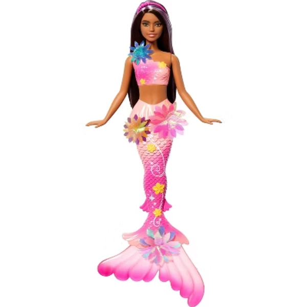 Barbie Flower Magic Mermaid Toy Doll with Surprise Blooming Flowers Feature, Long Brown Hair with Purple Highlights