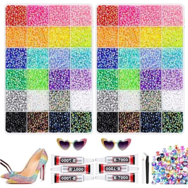 48000Pcs Colorful DIY Resin Rhinestone Kit with Glue, 40 Colors Bedazzling Kit with Pen & Tweezers, Nail Gems & Craft Supplies for Shoes, Clothing,