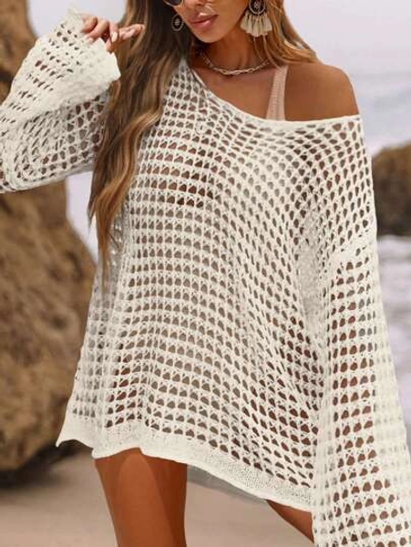 Swim Vcay Summer Outfits For Women Holiday Beach Leisure Loose Knitted Swimsuit Cover-Up With Hollow-Out Design Summer