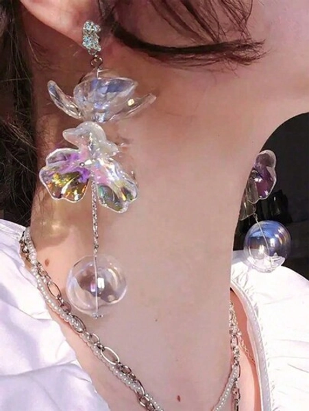 1 Pair Exaggerated Fashionable Colorful Acrylic Crystal Flower Ball Extra Large Earrings, Women Summer Casual Holiday Party Gift Beach Resort Jewelry