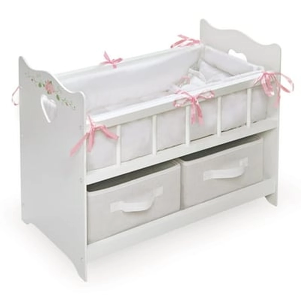 Badger Basket Doll Crib with Bedding  Two Baskets  and Free Personalization Kit - White Rose