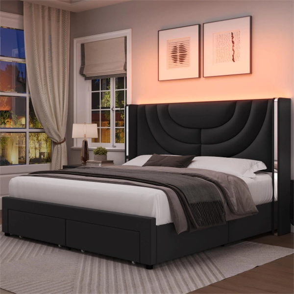 Willa Arlo™ Interiors Sturminster Velvet Wingback Upholstered LED Light 2 Drawer Storage Bed & Reviews | Wayfair