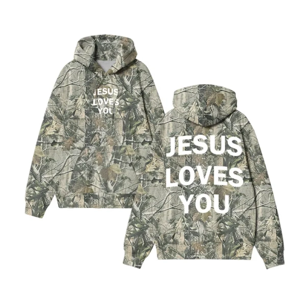 Unisex Jesus Loves You Dead Leaves Camouflage Print Hoodie