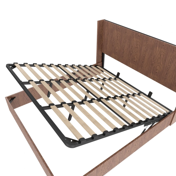 Walnut Low Profile Bed King Size Vertical Fluted Platform Bed Frame with Hydraulic Lift Storage and Wingback Headboard