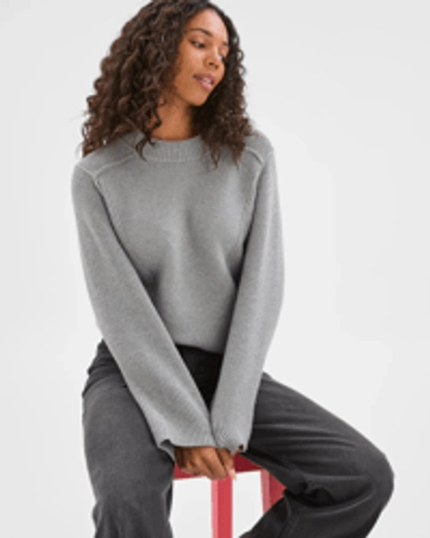 Australian Cotton Blend Knit Stitch Crew Neck Jumper - Mid Grey Marle