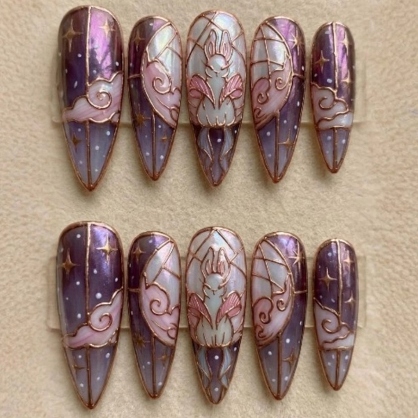 3D Moon Bunny Stained Glass Press On Nails | Rose Gold Filigree Celestial Art
