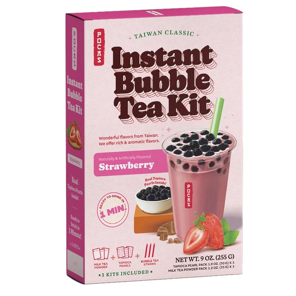 POCAS Bubble Tea DIY Kit, 12 pk, Strawberry Flavor, Instant Milk Tea Powder with Tapioca Pearls