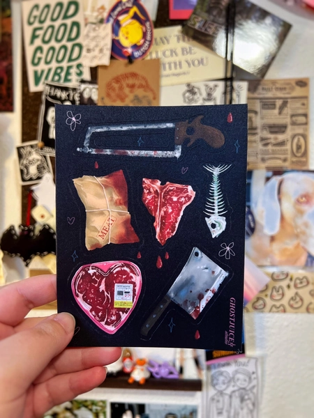 Butchershop Blues Sticker Sheet - Illustrated Matte Vinyl sticker sheet, dark horror fantasy valentine kindle stickers