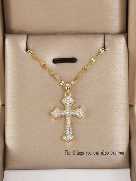 1pc Luxury Copper Zirconia Cross Pendant Necklace For Women