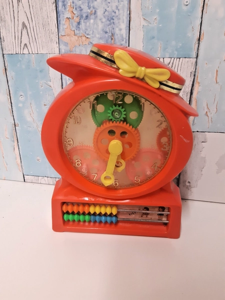 Vintage 70s Blue Box Hong Kong Clock Cogs Abacus Children Toy Educational Orange