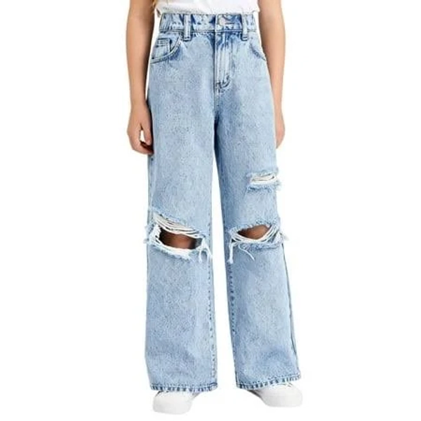 Girls High-Waisted Wide-Leg Distressed Denim Jeans