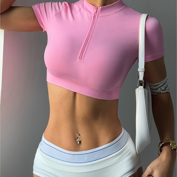 Unveil the Trend with Our Dopamine-inspired Ultra-short Zip Top, Sexy & Minimalist. Super Stretchy Premium Fabric, Comfortably Form-fitting. Ideal for Outdoor Sports, Gym Workouts, Yoga & All Fitness Pursuits.
