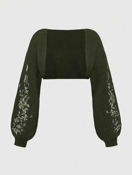 ROMWE Goth Gothic Plant & Snake Embroidery Plus Size Cropped Vest Cardigan, Cottagecore Fairy Style Short Knit Cardigan Sweater Olive Green Cottagecore Short Knit Cropped Vest Cardigan/Winter