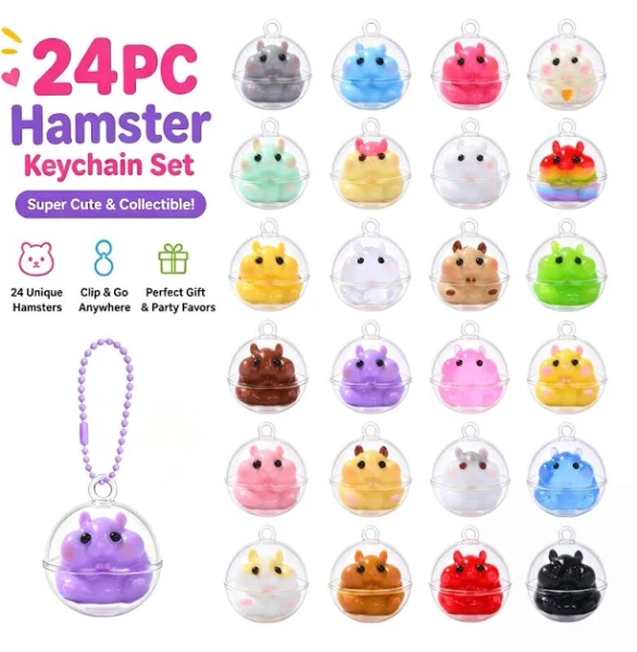 FUFUSQUISHY 24PCS Hamster Squishies Pop Box, Keychain Set, Individually Wrapped Balls, Classroom Prizes and Party Favors